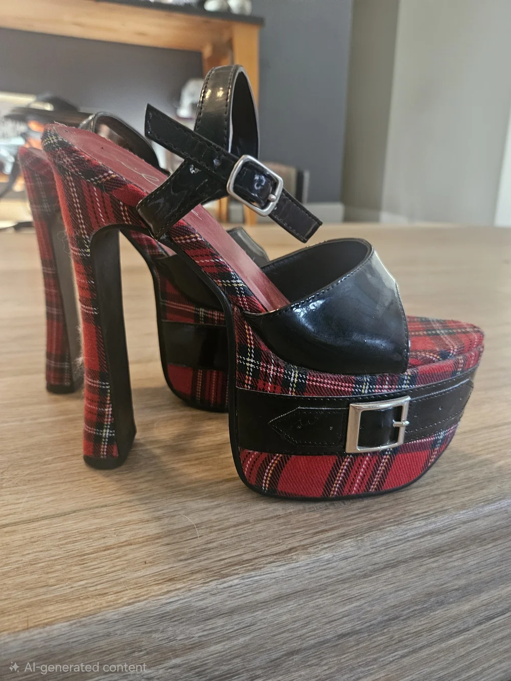 Ellie Red Plaid Platform Heels with Black Patent Accents